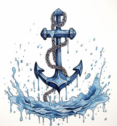 Embroidered anchor in watercolor dripping with rope in hand drawn style