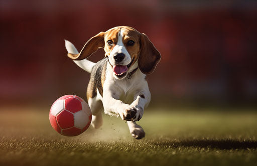 Black and white dog running towards a ball in a field