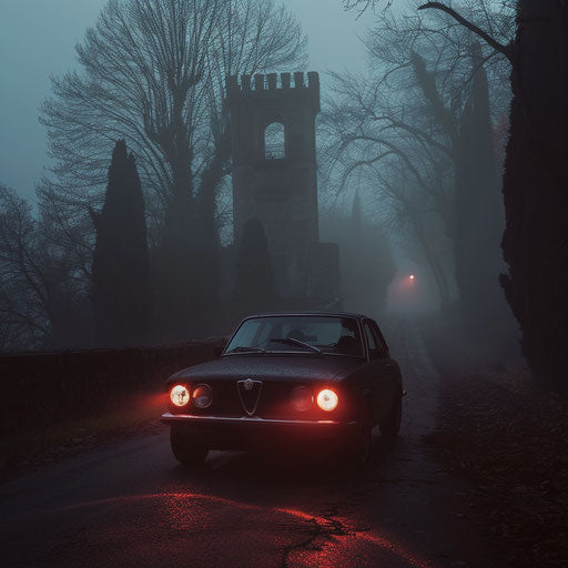 Gothic Alfa Romeo Alfasud with matte black paint and dark red accents, emerging from the fog on a haunted castle road.