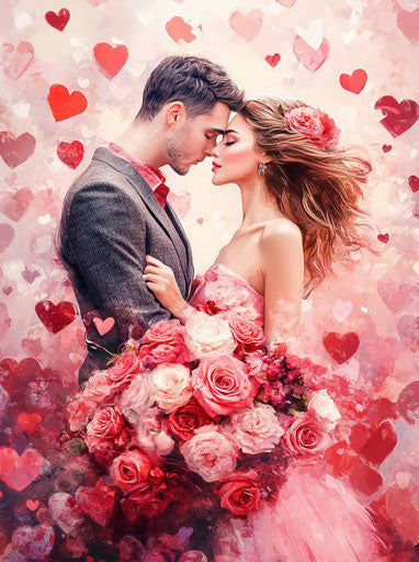 Valentine's Romance, Couple in Love, Rose Bouquet