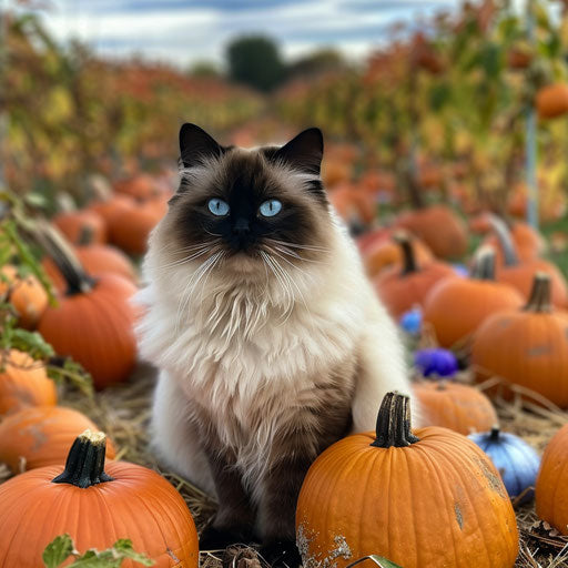 Himalayan cat sitting in a pumpkin patch, charming