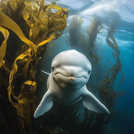 Smiling face of a beluga, rich kelp forest under the Arctic sea