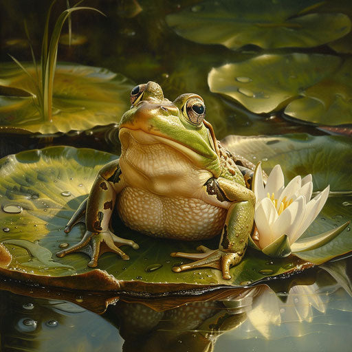 Frog on lily pad ready to leap