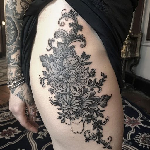 Victorian lace thigh tattoo in the style of J.P. Targete