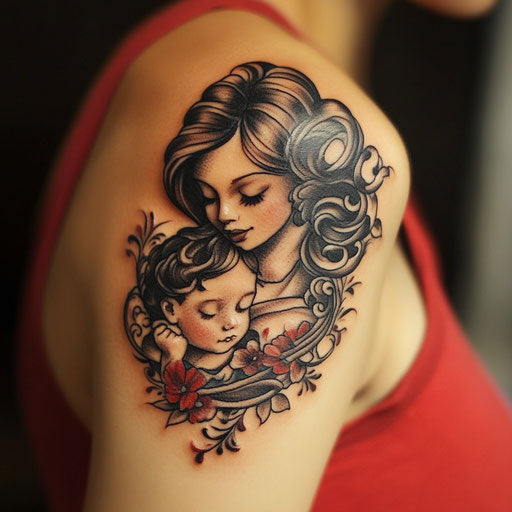 Mother and son tattoos with hand holding on shoulder
