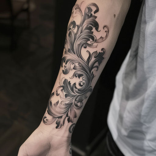 A smoke tattoo in a baroque pattern, using shades of gray, elegantly on a white background