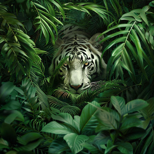 White tiger moving stealthily in a dense rainforest