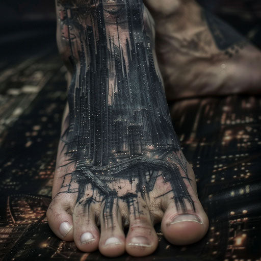 Foot tattoos in the style of J.P. Targete with a futuristic cityscape