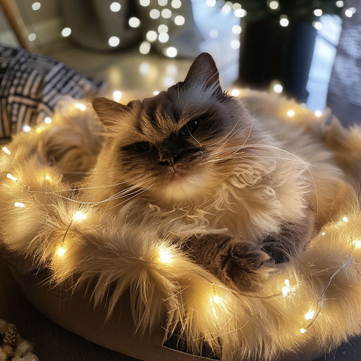 Himalayan cat lounging in a cozy bed with fairy lights around