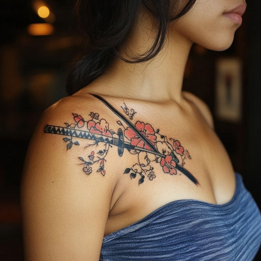 Shoulder tattoos for women with samurai symbols, in the style of Ami James