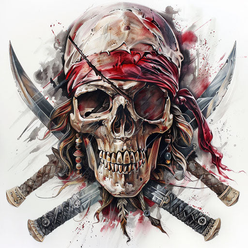 Detailed pirate skull with crossed sabers, photorealistic