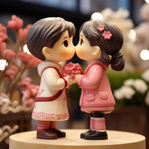 Two small figurines kissing in cute cartoon style