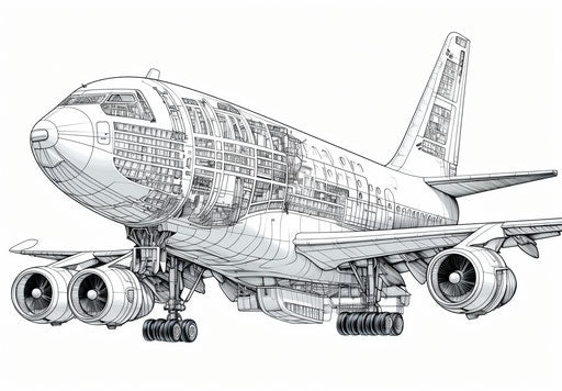 A coloring page of a large airplane, blown-off-roof perspective