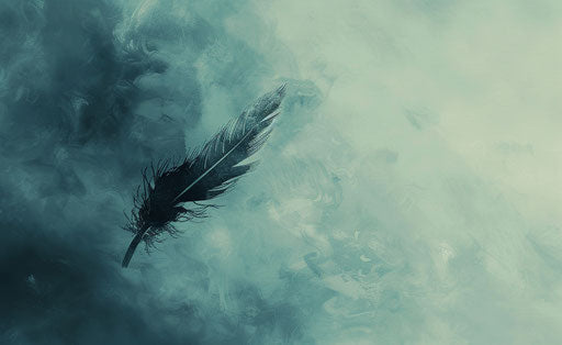 Eagle feather falling in the air, light turquoise and dark gray