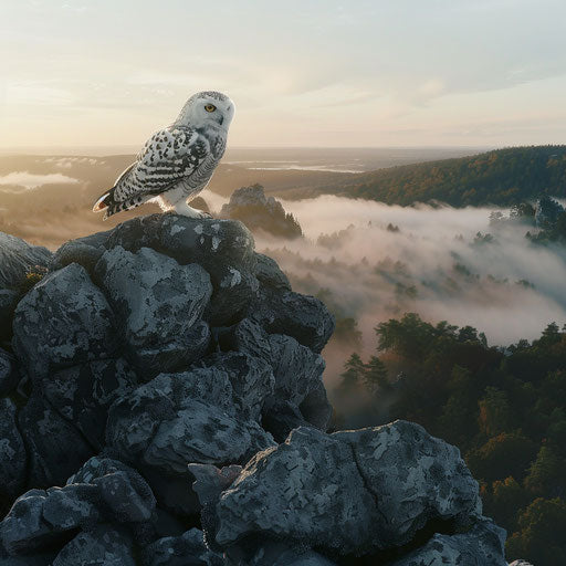 White owl perched on a rocky outcrop overlooking misty valley at sunrise