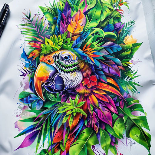 Vivid jungle-inspired Mayan tattoo, bursting with tropical colors, illustrated on a white sheet