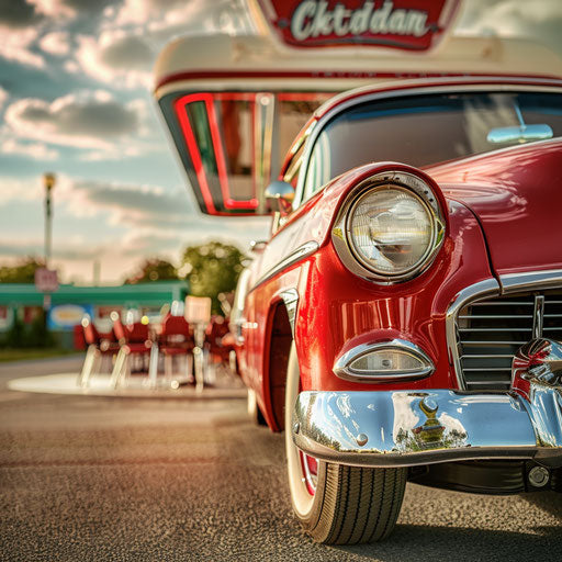 Classic vintage car with wide tires and glossy red paint, parked at a retro diner on a sunny afternoon.
