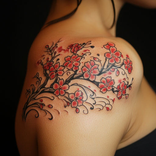 Japanese cherry blossom tattoo with traditional waves on shoulder