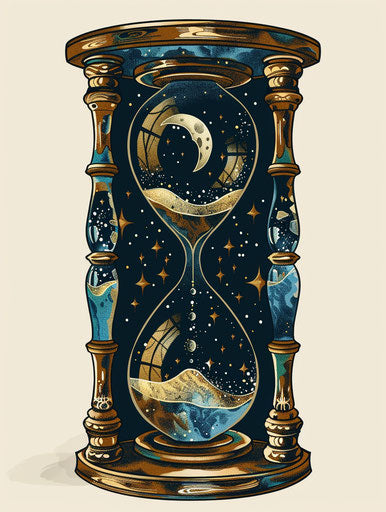 Cosmic hourglass in feminine sticker art style, sci-fi baroque