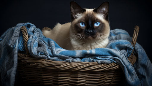 A siamese cat in a round basket, dark brown and light beige style