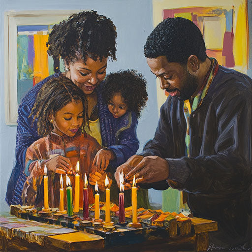 Family celebrating Kwanzaa principles by lighting candles