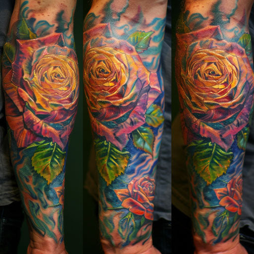 Rose tattoos for men in the style of Guy Aitchison with vibrant, psychedelic roses