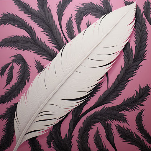 Black feather on white canvas, light silver and light pink style