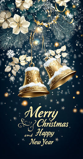 Golden Christmas Bells with Snow and Flowers