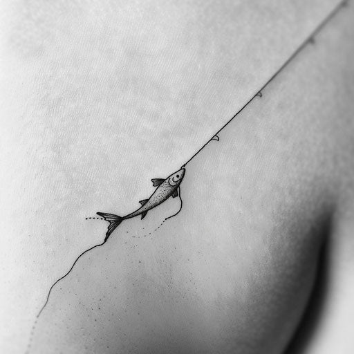 Minimalist black and white fishing line with hooked fish design