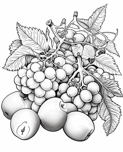 Black and white fruit drawing to color in light turquoise and dark magenta