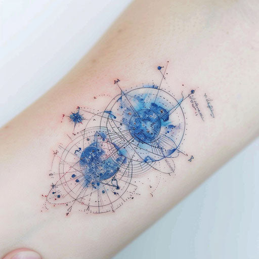 Celestial map curse mark tattoo, stars and constellations in blue and white on white