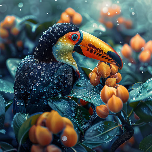 Toucan surrounded by dew-covered plants
