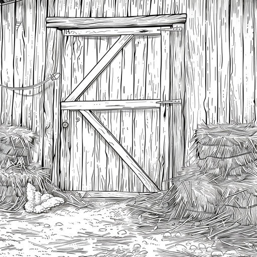 Wooden barn doors and hay bales stacked, coloring book page