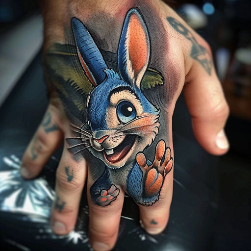 Male finger tattoos in the style of Steve Sack featuring funny animal characters