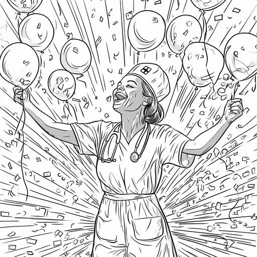 Nurse celebrating with confetti and balloons, Walt Handelsman style, Coloring page