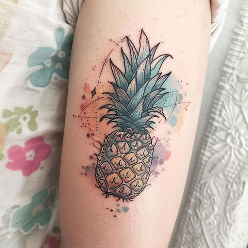 Whimsical fairy-tale pineapple tattoo with magical elements and soft colors