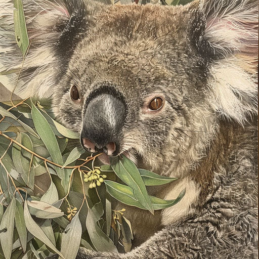 Koala munching on eucalyptus leaves, detailed texture of the food and fur