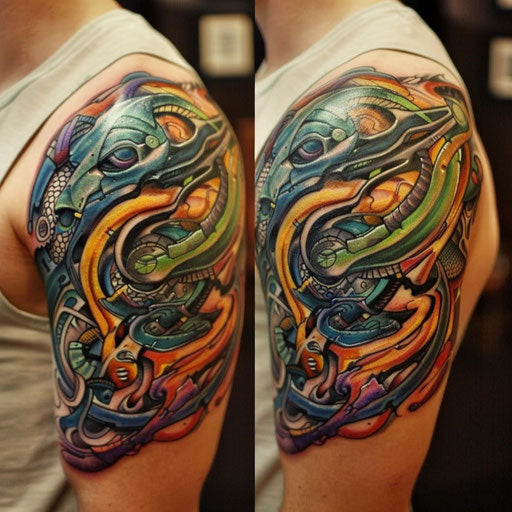 Abstract and colorful biomechanical shoulder tattoos