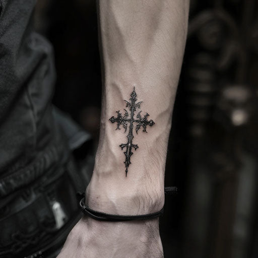 Men's wrist tattoos featuring a gothic cross