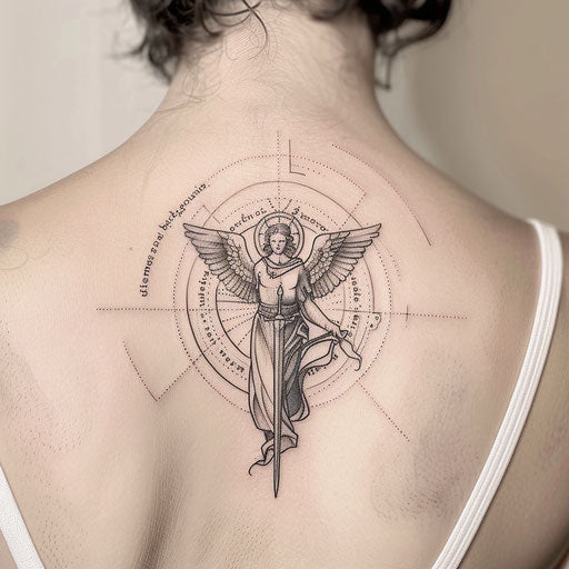 Mandala tattoo of Saint Michael on pure white backdrop
