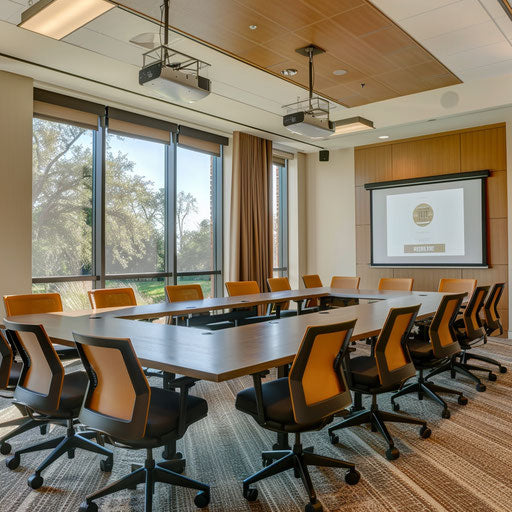 Spacious conference room with table, screen, and comfy chairs