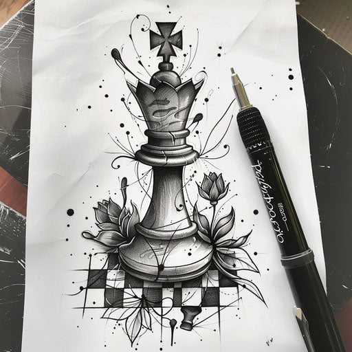 Classical flat tattoo sketch of a chess checkmate, elegant black ink