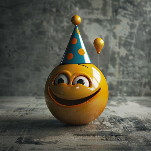 A smiling emoticon blowing into a party hat, caffenol style, 21st century