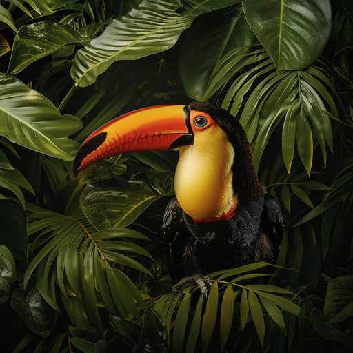 Toucan showing its feathers in a lush green setting