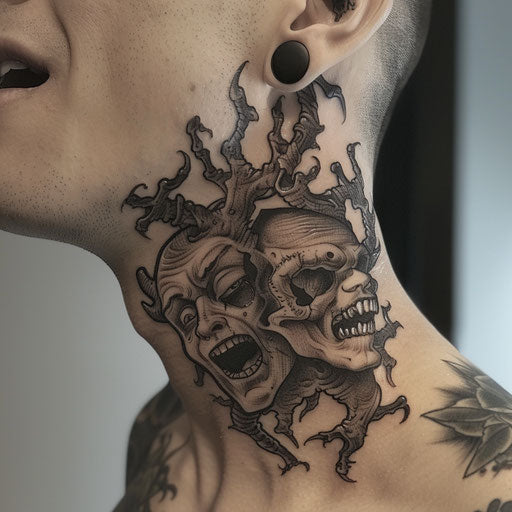 Neck tattoo with creepy demon faces