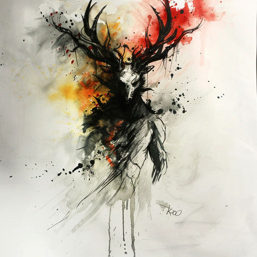 Artistic flat tattoo sketch of a Wendigo emerging from a mist of watercolor strokes