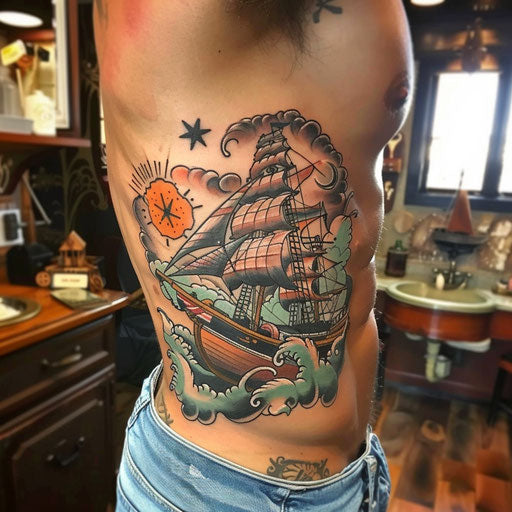 Nautical rib tattoos for men in Sailor Jerry style