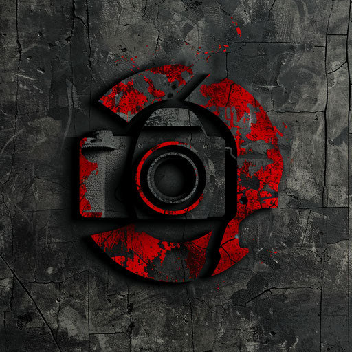 Photologo with rugged textures and bold fonts in black and red tones, incorporating a strong camera icon