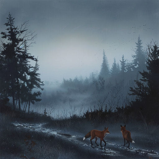 Foxes navigating through eerie twilight landscape