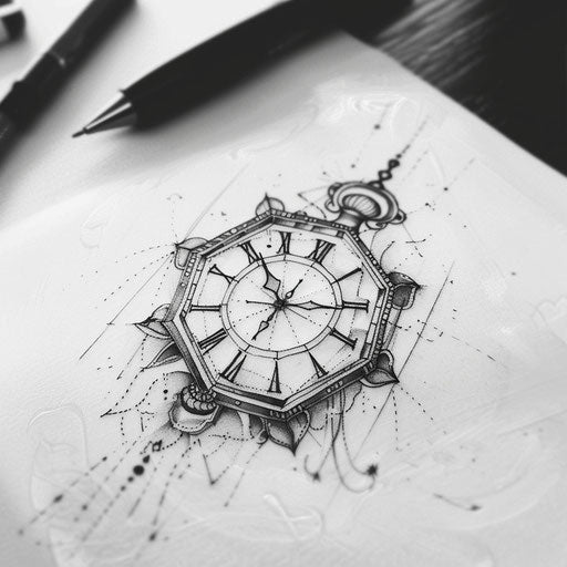 Whimsical flat tattoo sketch of a hexagon turned into a clock face